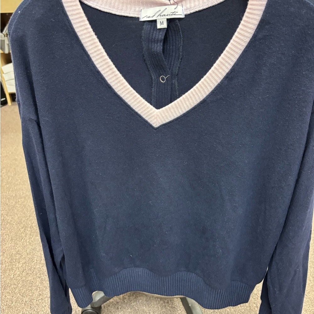 Red Haute Navy and Pink V-Neck Sweater